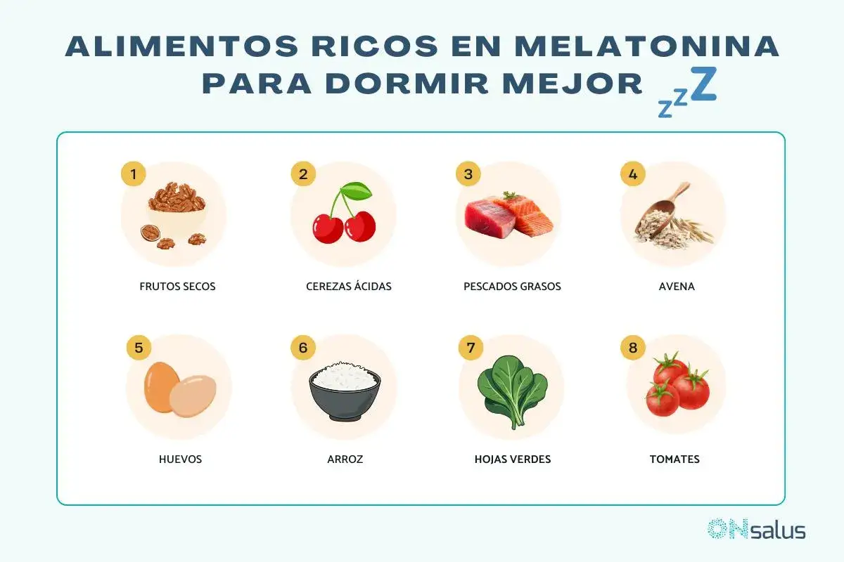 Alimentos con melatonina natural: frutos secos, cerezas, pescados, avena, huevos, arroz, hojas verdes y tomates para dormir mejor.