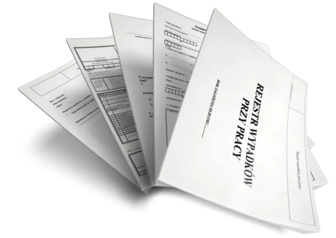 Dokumenty dotyczące procedury wypadku w pracy, w tym rejestr wypadków przy pracy.