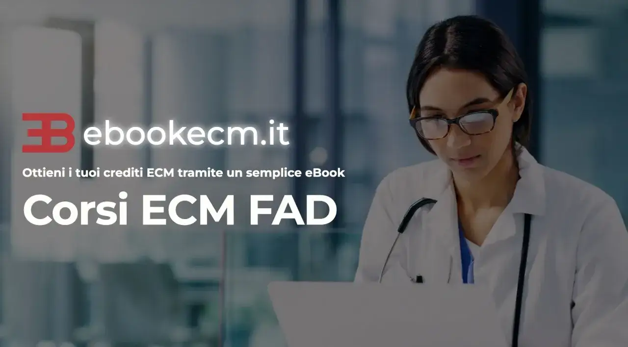 Medico con occhiali studia su laptop, offre corsi ECM FAD tramite eBook.