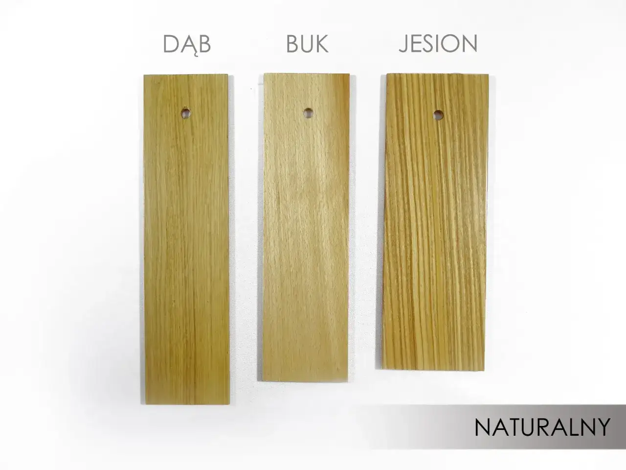 Próbki drewna: dąb, buk, jesion. Naturalne kolory bejcy do drewna sosnowego.