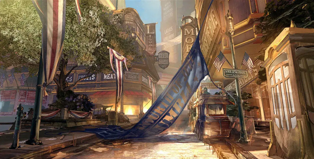 Ulica miasta z lat 30. XX wieku, z flagami i tramwajem. Wygląda jak z gry **Bioshock 4**.