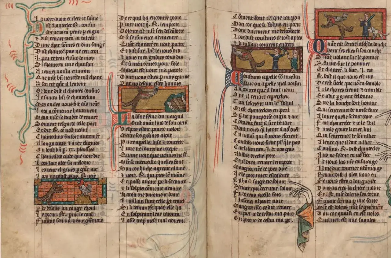 Manuscrit m&eacute;di&eacute;val illustr&eacute;. Une sc&egrave;ne de chasse o&ugrave; un renard poursuit un coq. Le texte, en ancien fran&ccedil;ais, raconte une histoire, peut-&ecirc;tre celle d'o&ugrave; vient le mot roman.