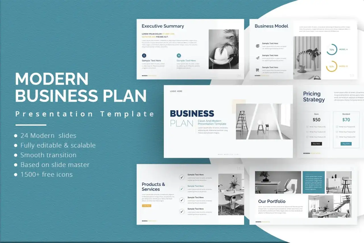 Modern business plan presentation template with 24 editable slides, featuring executive summary, business model, and pricing strategy layouts.
