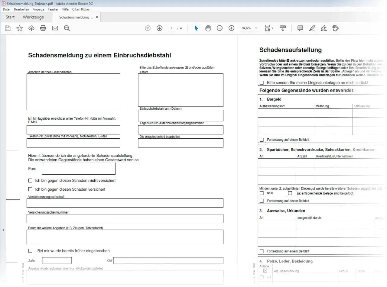Schadensmeldung nach Einbruch: Haus abgebrannt, Versicherung zahlt nicht. Formular zur Schadensaufstellung.