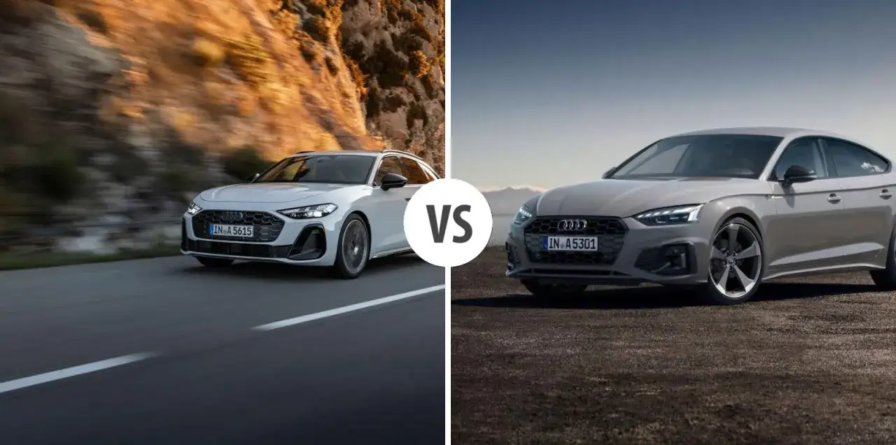 Białe Audi A5 Avant 2025 na drodze kontra szare Audi A5 Sportback.