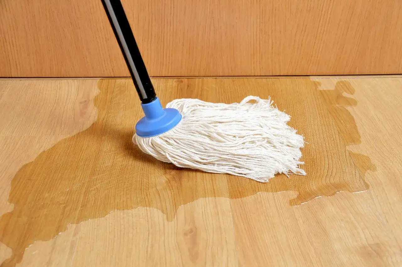 Mop na podłodze z paneli, gdzie widać zalane panele na łączeniach. Woda rozlewa się po jasnym drewnie.
