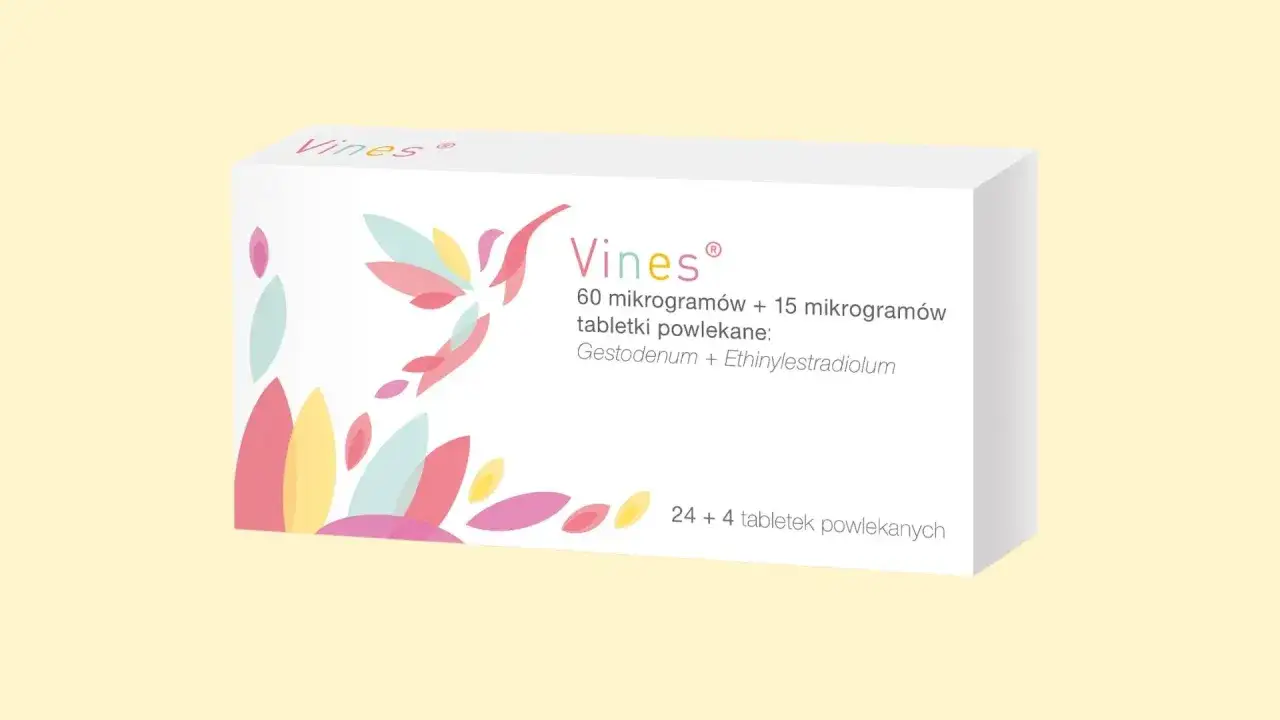 Opakowanie tabletek Vines. Zawiera 24 + 4 tabletki powlekane, z gestodenem i etynyloestradiolem.