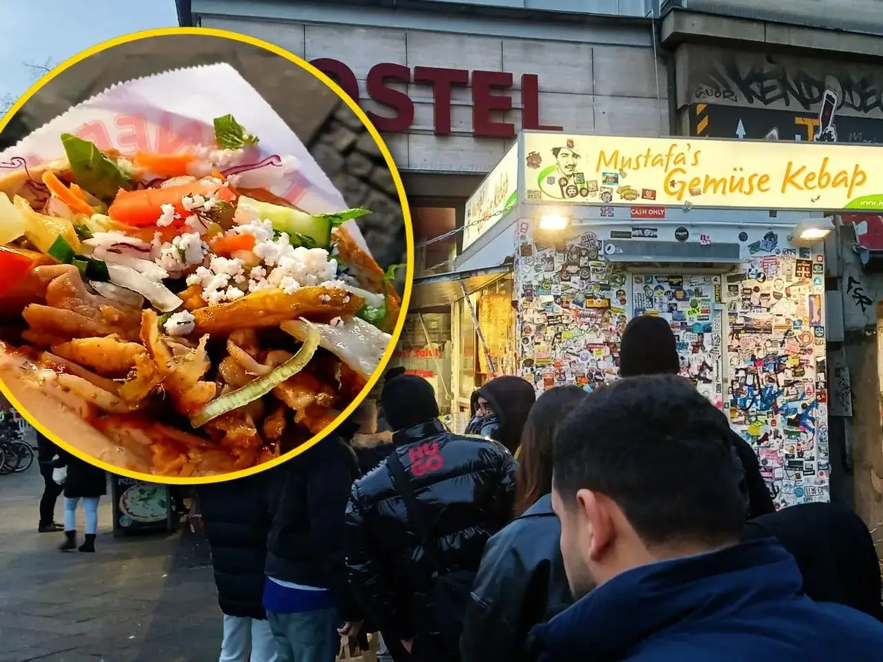 Kultowy Mustafa's Gemuse Kebab w Berlinie. Kolejka po pysznego kebaba z warzywami.