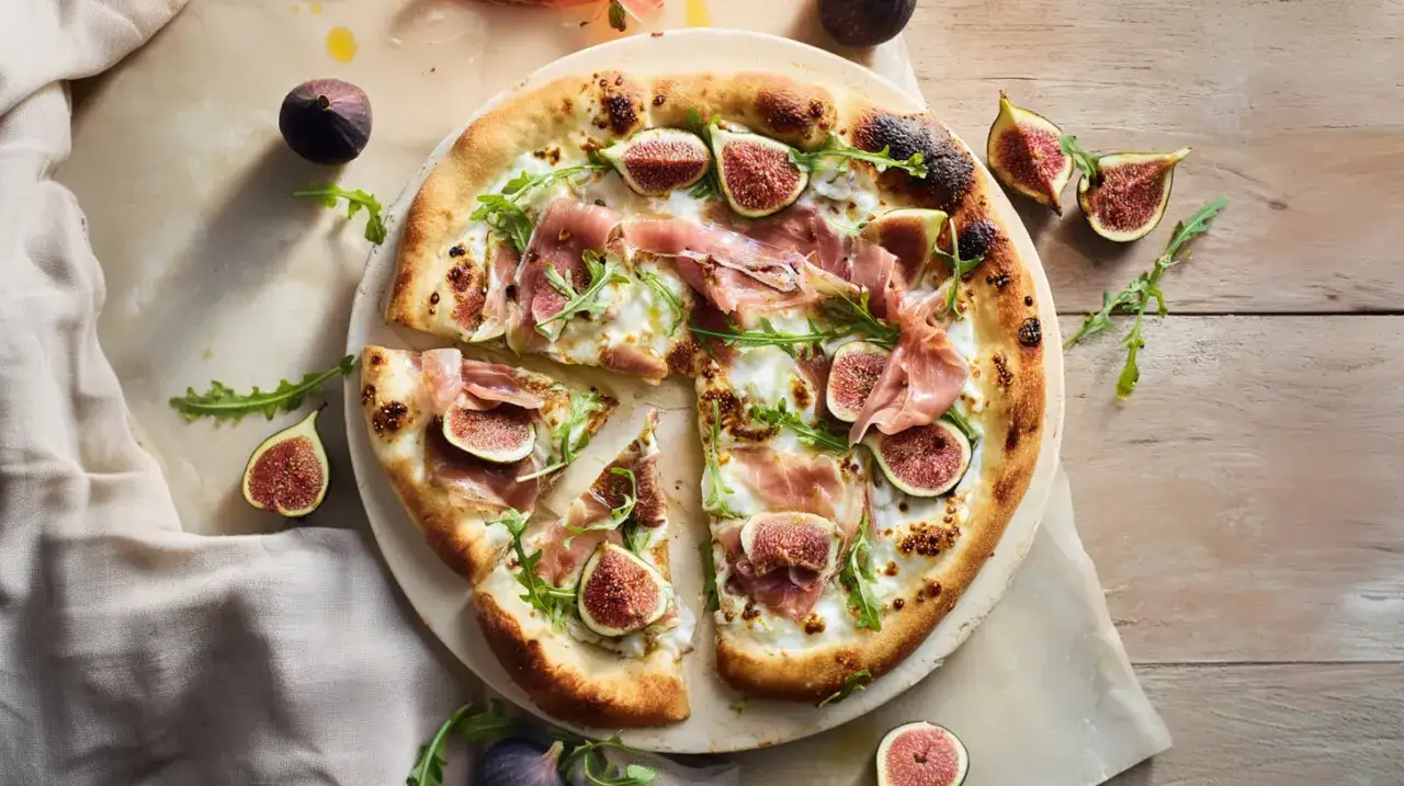 Pizza z figami, szynką parmeńską i rukolą. Widać świeże figi jako pizza składniki na wierzch.