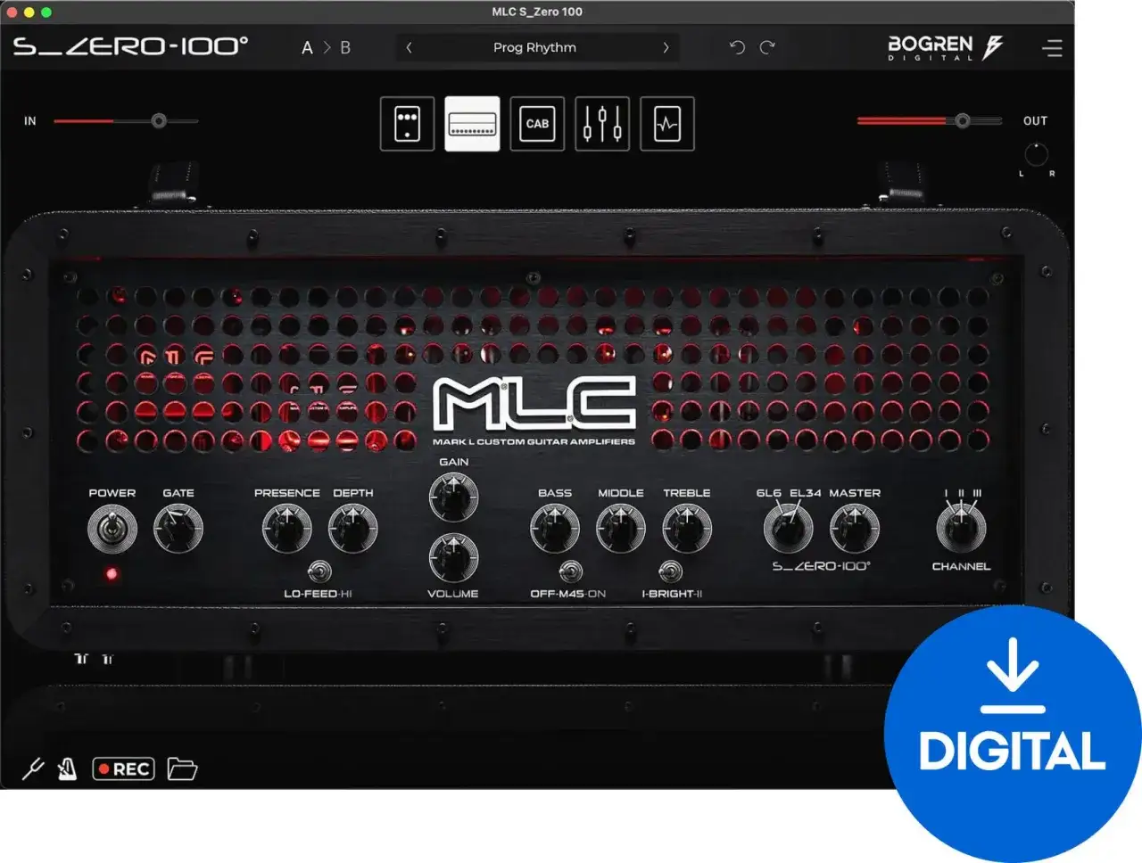 Wirtualny wzmacniacz gitarowy MLC S_Zero 100 z pokrętłami Gain, Bass, Middle, Treble i Master.