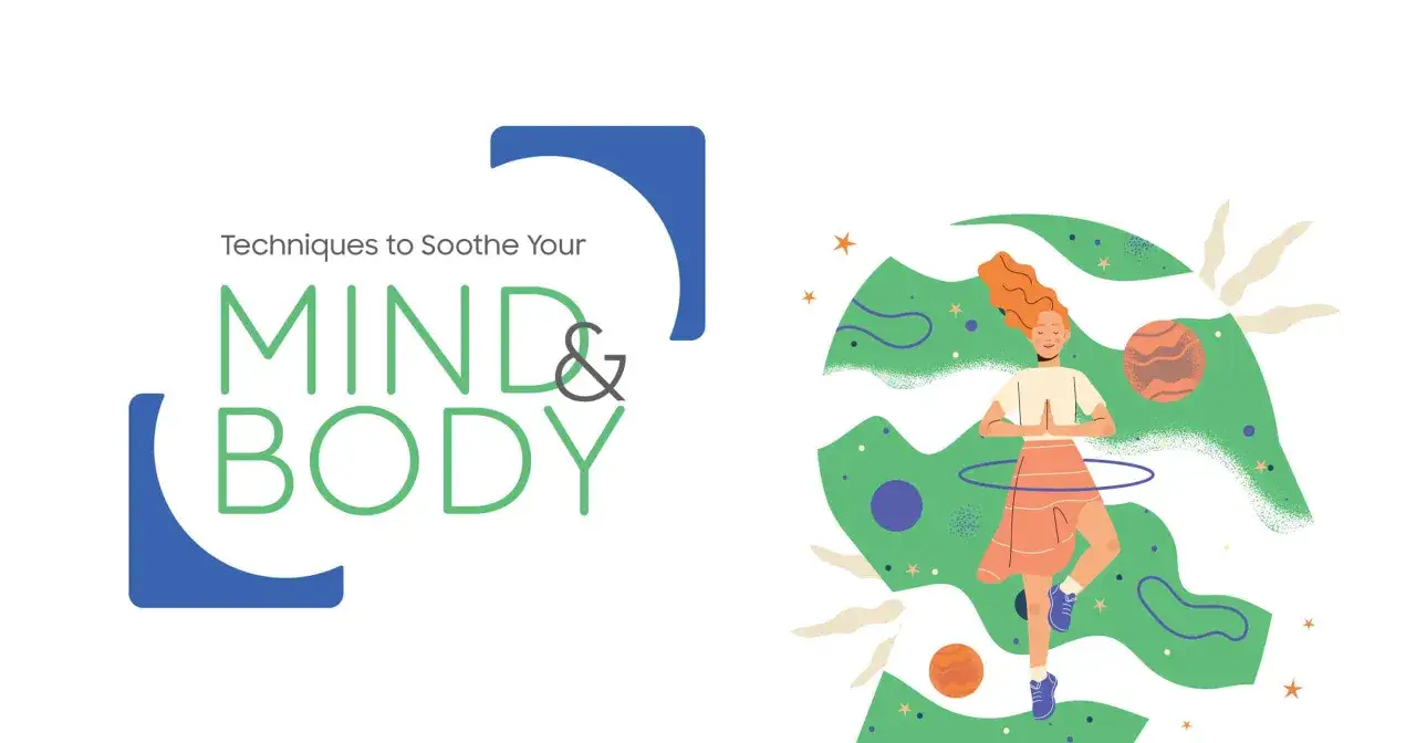 Donna in posa yoga, circondata da elementi astratti e pianeti, che illustra le tecniche di rilassamento per mente e corpo.