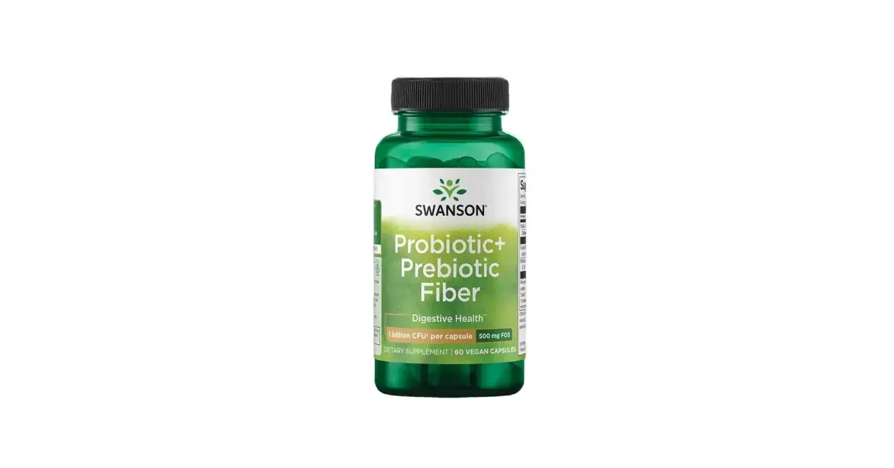 Zielona butelka Swanson Probiotic+ Prebiotic Fiber, 60 kapsułek wegańskich, wsparcie probioset dla zdrowia jelit.