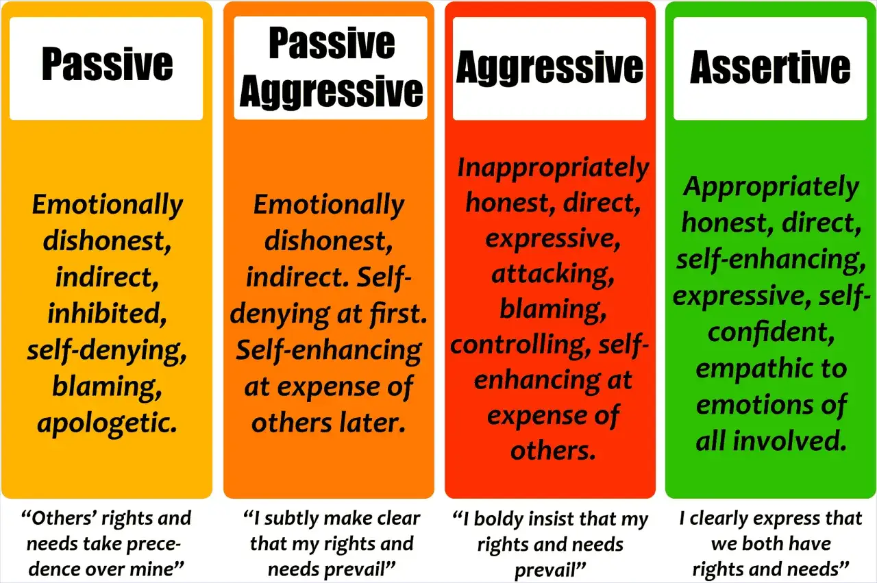 Diagramma che illustra stili di comunicazione: passivo, passivo-aggressivo, aggressivo e assertivo, analizzando le dinamiche delle persone aggressive.