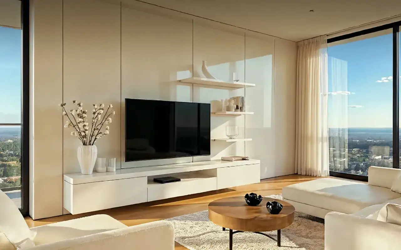 Ein helles, modernes kleines Wohnzimmer einrichten mit minimalistischer TV-Wand, bequemen Sofas und gro&szlig;em Fenster mit Ausblick.