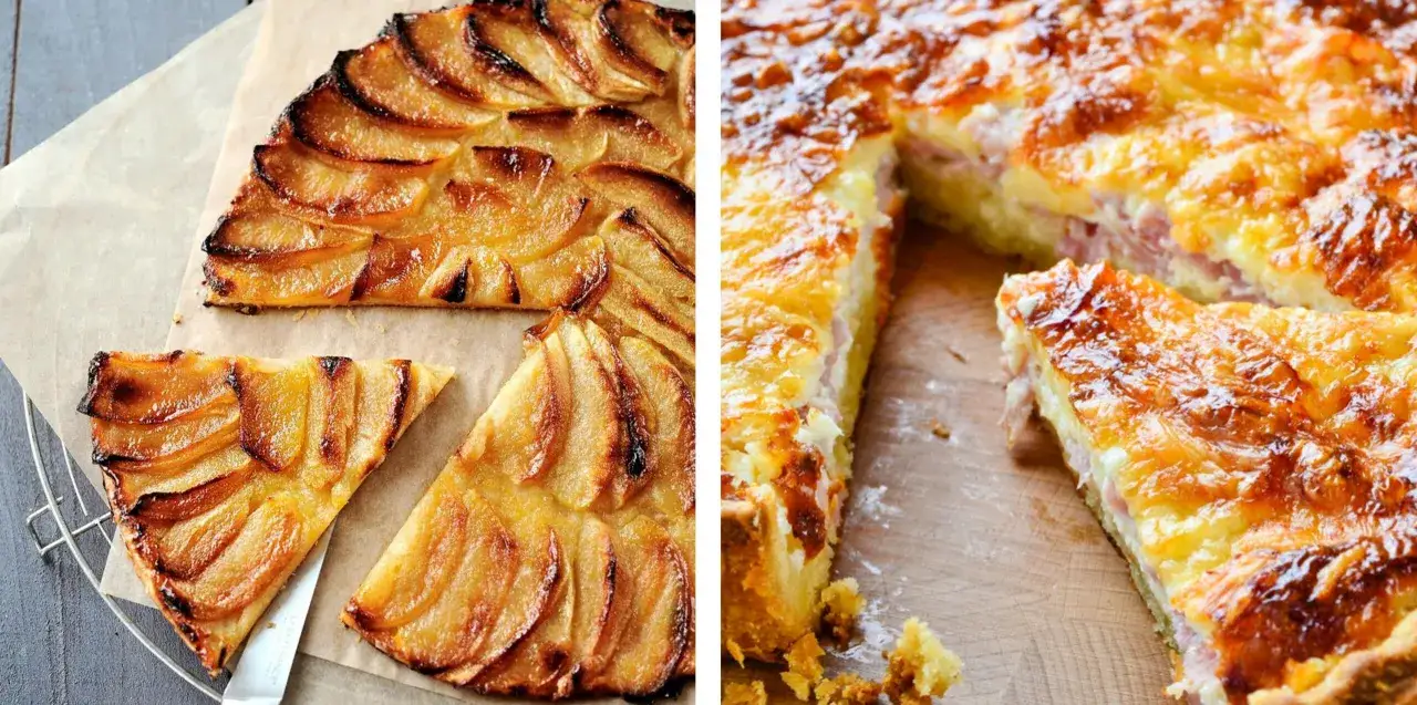 Tarte aux pommes dor&eacute;e et quiche lorraine app&eacute;tissante, deux d&eacute;lices sur une p&acirc;te &agrave; tourte parfaite.