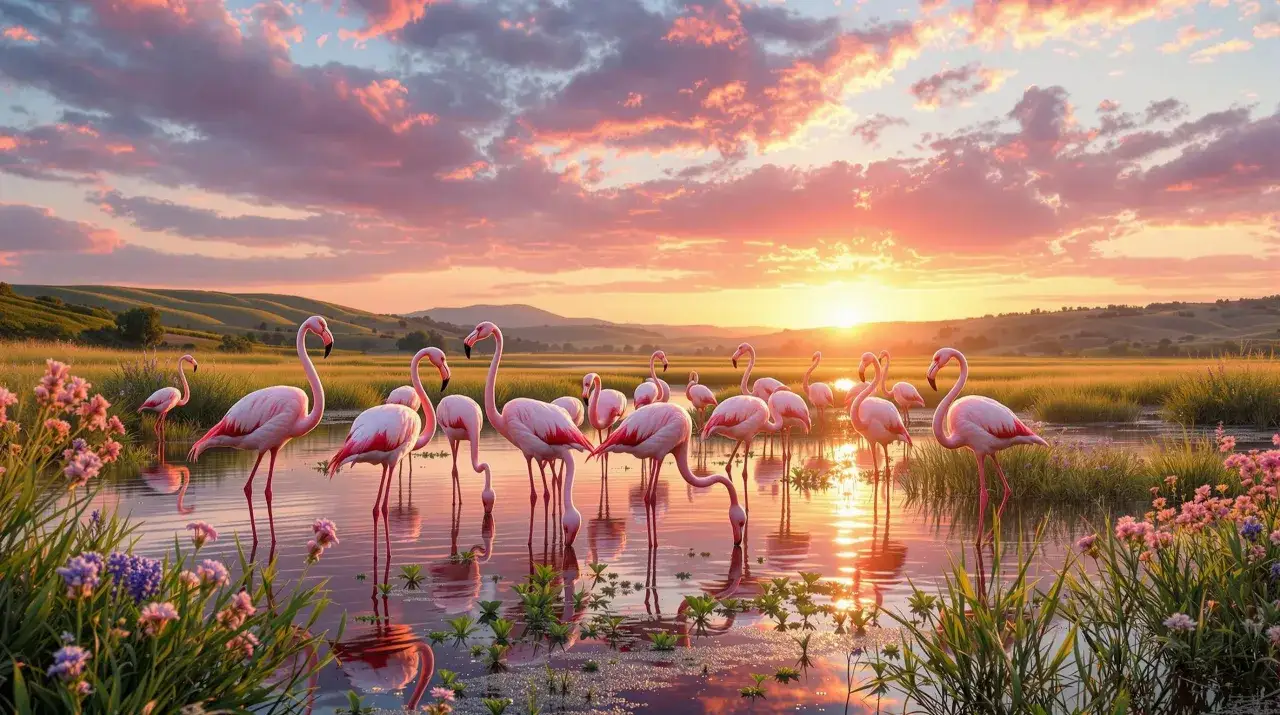 Flamants roses se baignant dans un &eacute;tang au coucher du soleil, un paysage idyllique pour visiter Camargue.