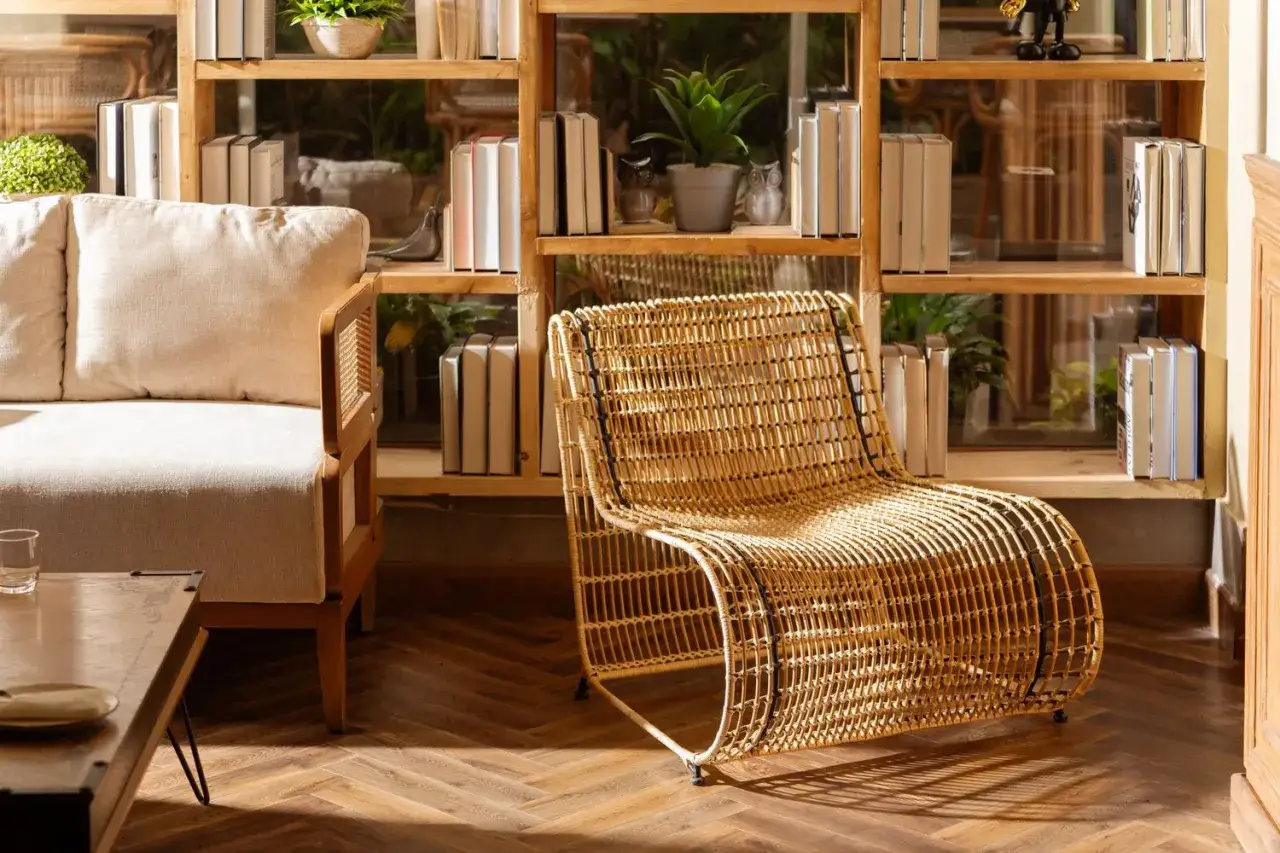 Przytulny salon w stylu naturalnym. Jasna sofa, wiklinowy fotel i drewniane regały pełne książek tworzą relaksującą atmosferę.