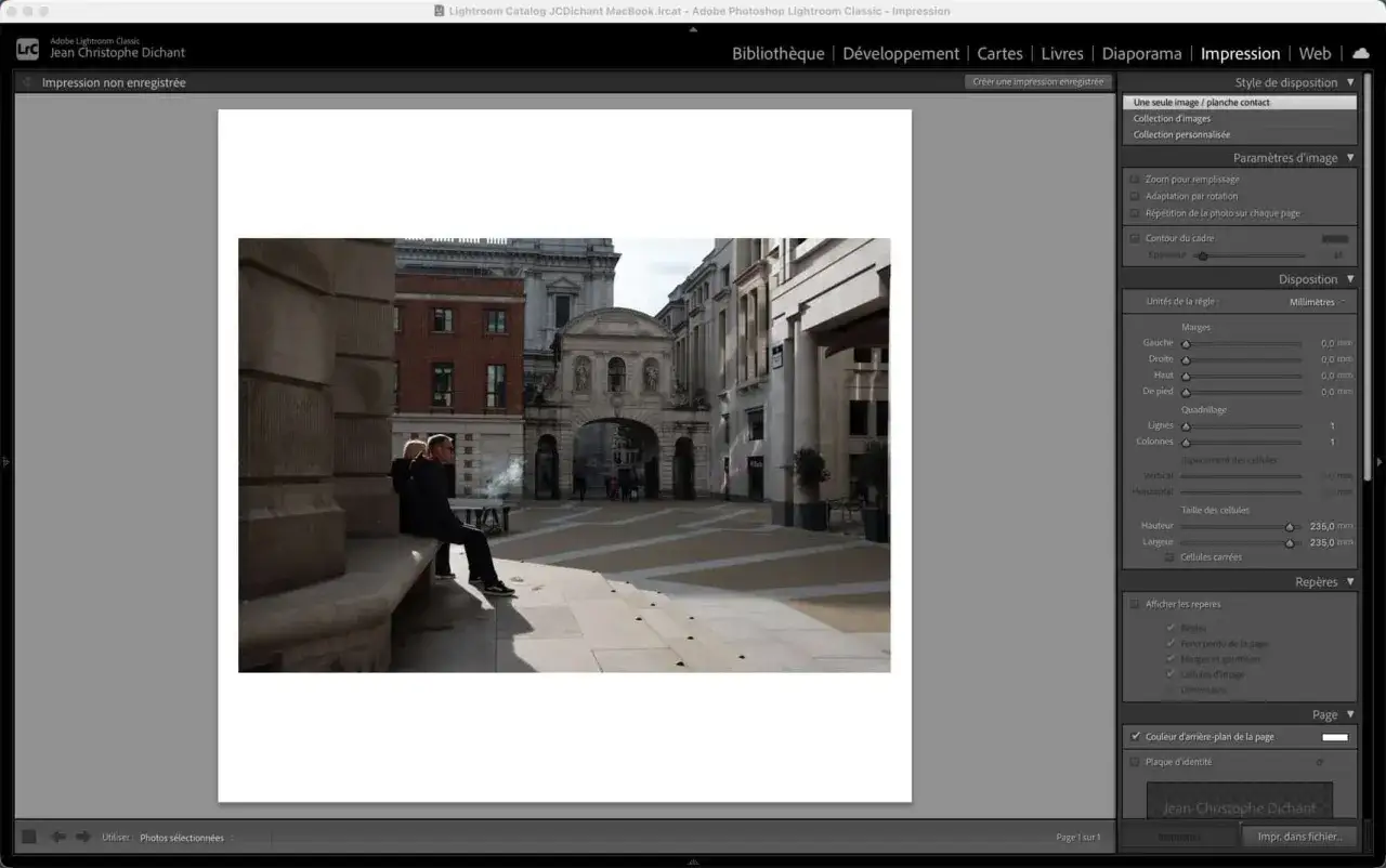 Interface de Lightroom pour ajouter une bordure &agrave; une photo. R&eacute;glages de marges et de disposition pour l'impression.