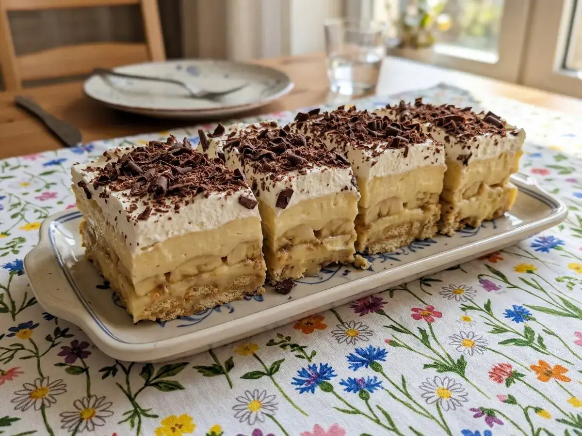 Pyszny deser z banan&oacute;w, kremu i biszkopt&oacute;w, posypany czekoladą. Idealny pomysł, co zrobić z banan&oacute;w, gdy masz ochotę na coś słodkiego.