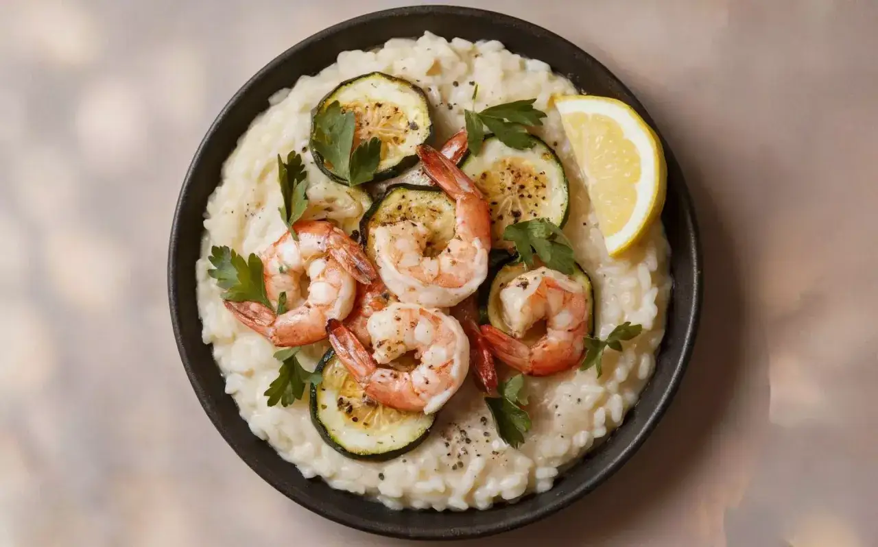 Kremowe risotto z krewetkami, grillowaną cukinią i cytryną. Pyszne danie, które zachwyci każdego smakosza.