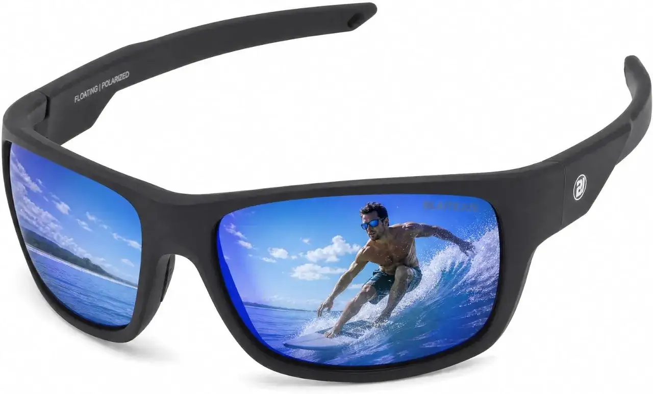 Occhiali da sole neri con riflesso di un surfista. Perfetti per proteggere gli occhi dal sole e dal vento, anche in caso di congiuntivite, per godersi il mare.