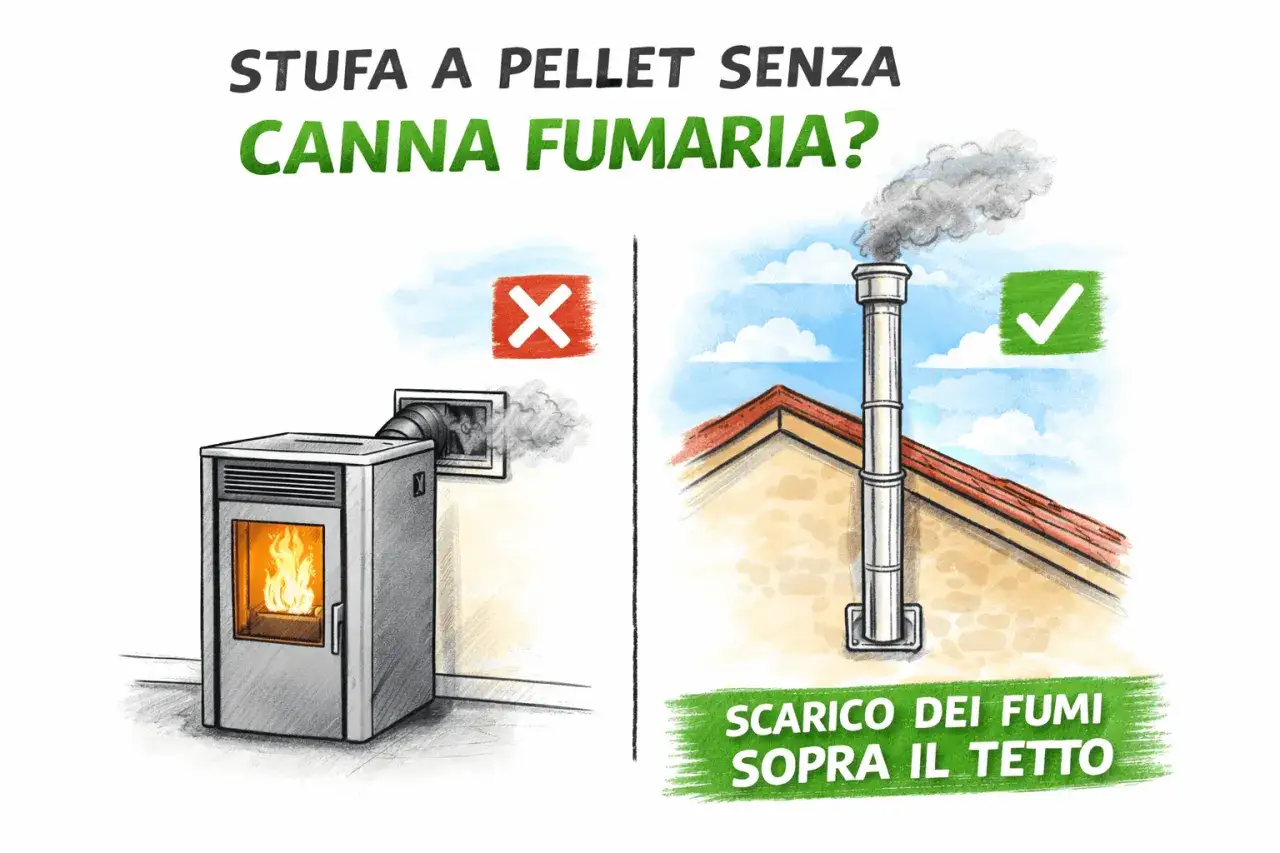 Stufa a pellet con scarico fumi errato (rischio monossido di carbonio) e corretto sopra il tetto.