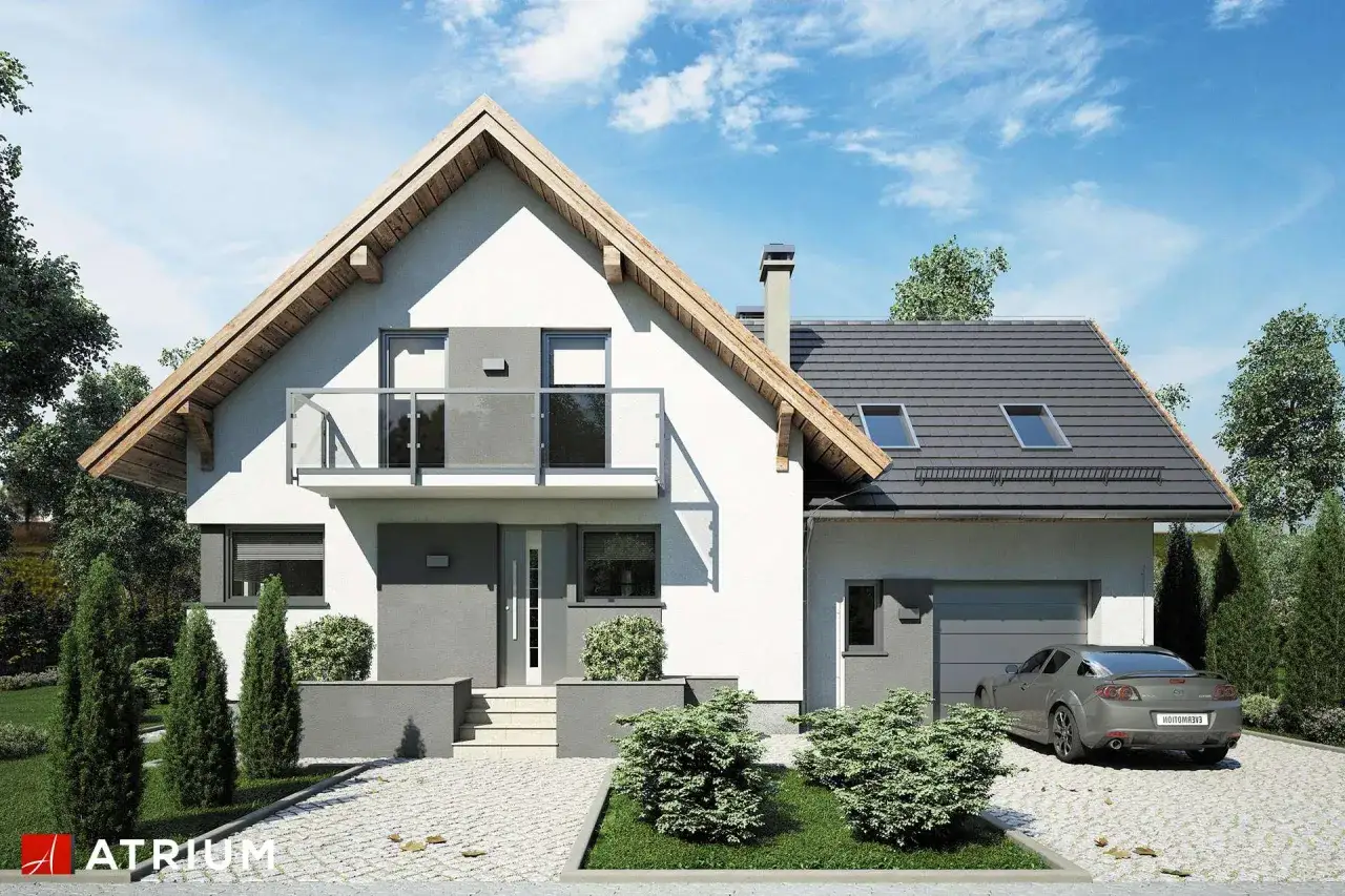 Nowoczesny dom z balkonem i garażem, idealny dla rodziny. Projekt homekoncept 03.