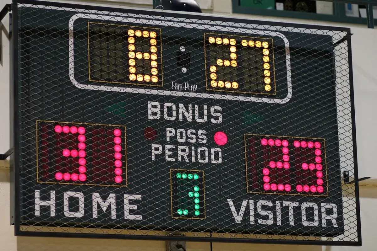 Wynik meczu koszykarskiego: Home 31, Visitor 23. Do końca pozostało 8:27. Czas gry: 10 minut w meczu koszykarskim.