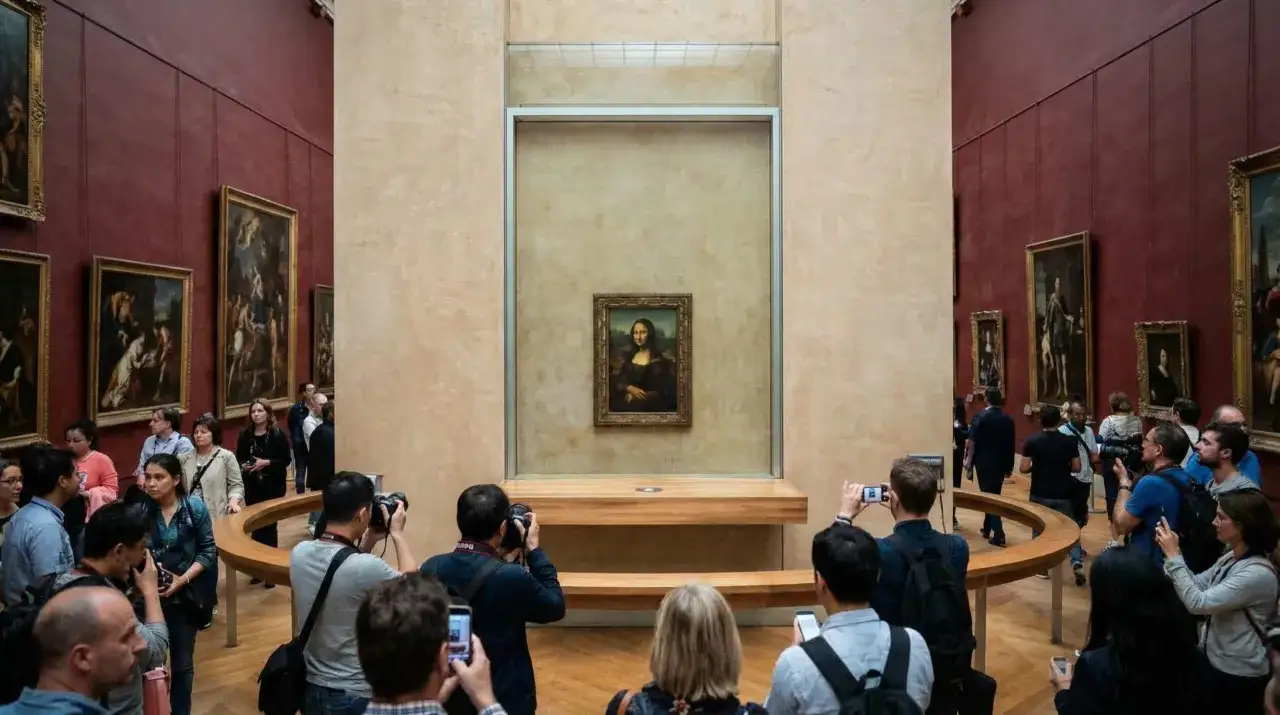 Tłum zwiedzających robi zdjęcia słynnemu obrazowi. Właśnie tutaj, w Luwrze, znajduje się Mona Lisa.