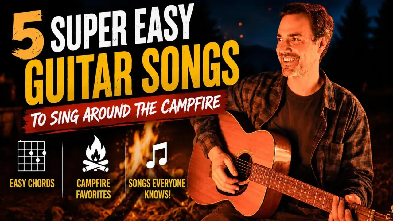 Mann spielt Gitarre am Lagerfeuer. Lerne einfache Lieder Gitarre Deutsch für Lagerfeuer-Favoriten.