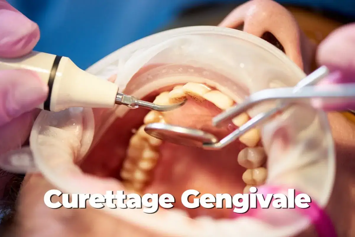 Dettaglio di una procedura di pulizia sottogengivale con strumenti dentali.