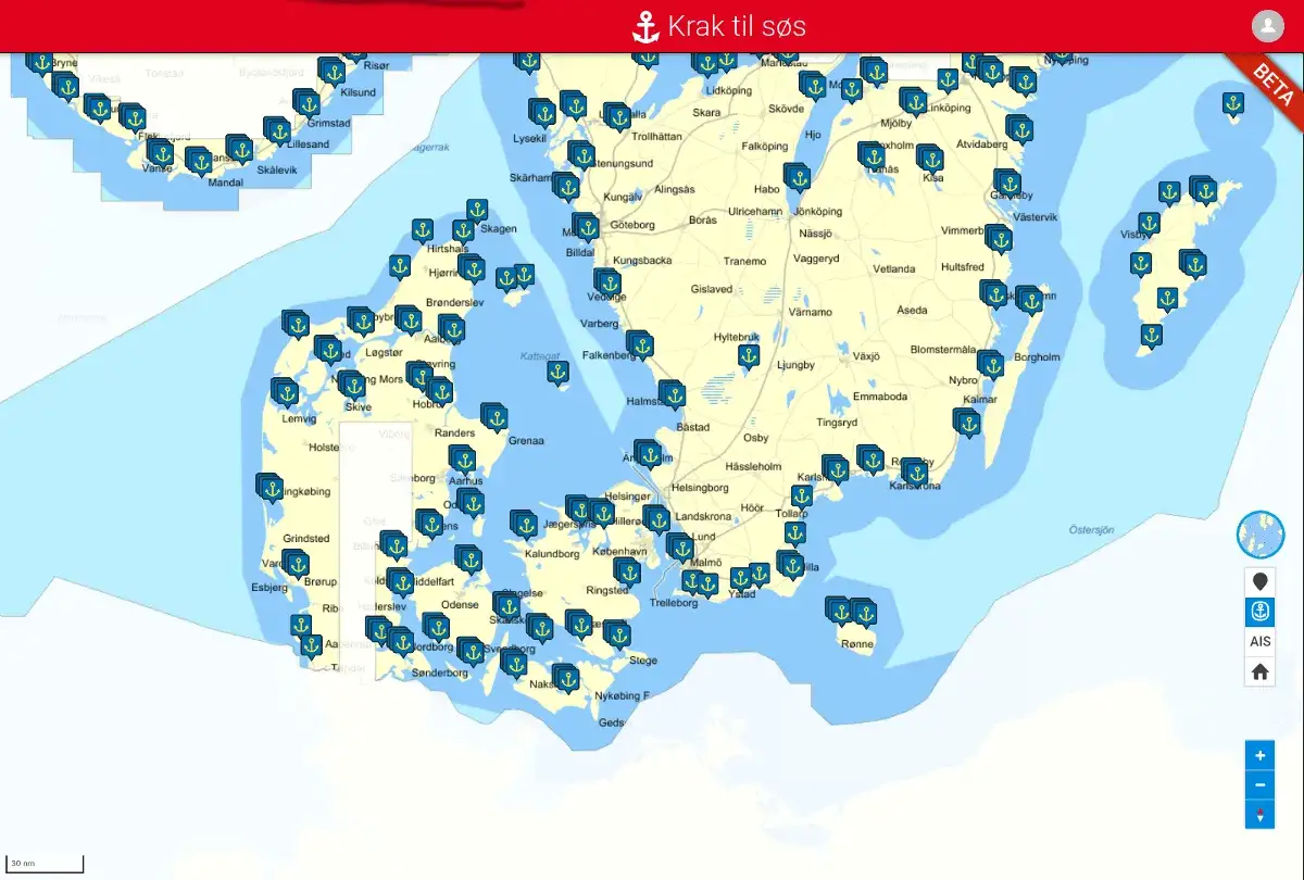 Mapa pokazuje dostęp do morza dla wielu miast w Danii, Szwecji i Norwegii, zaznaczonych kotwicami.