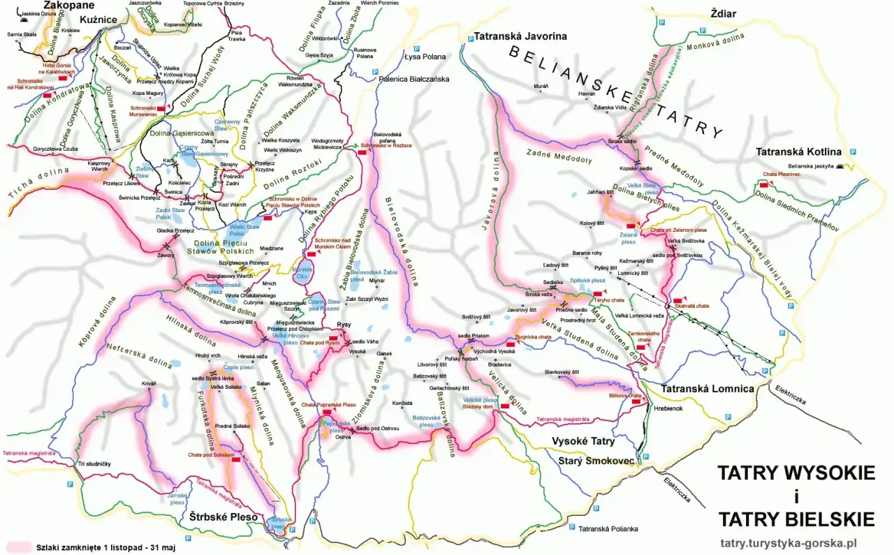 Mapa Tatr Słowackich z zaznaczonymi szlakami, dolinami i schroniskami. Odkryj najpiękniejsze szlaki w Tatrach Słowackich!