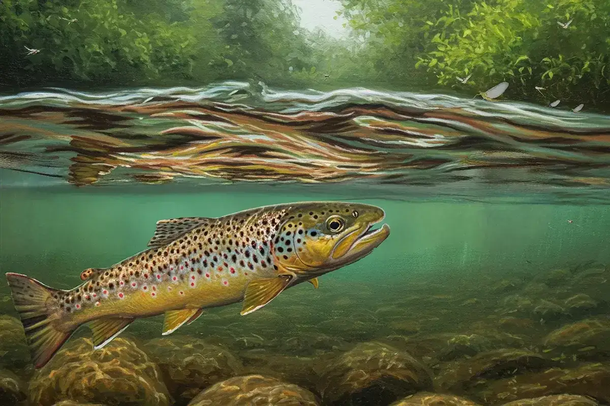 Eine Forelle schnappt nach Insekten über dem Flussgrund. Das zeigt, warum springen Forellen – auf der Jagd nach Futter!
