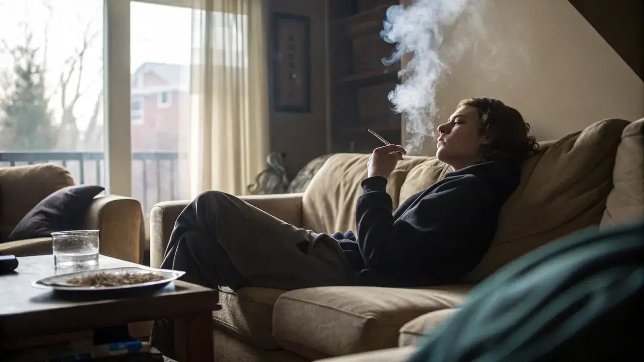 Joven fumando en el sof&aacute;, exhalando humo. Una escena que evoca la necesidad de saber como quitar el olor a tabaco de la casa.