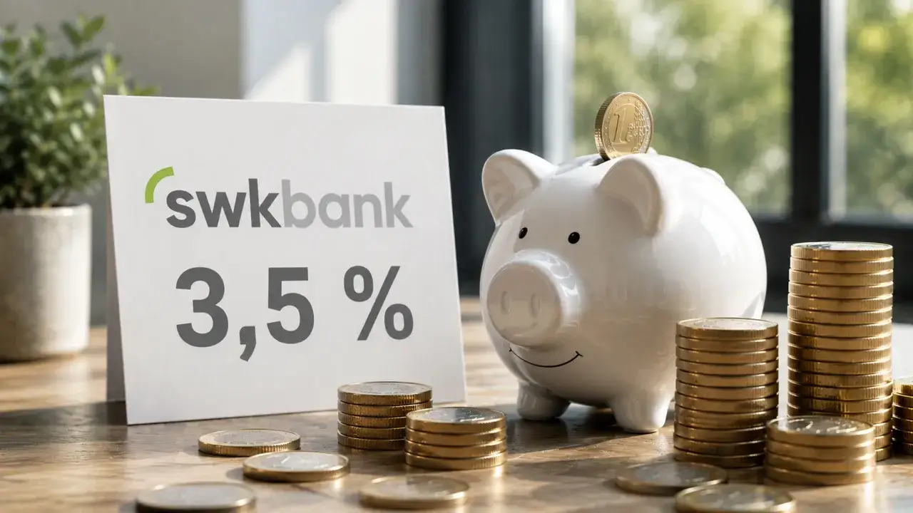 SWK Bank Erfahrungen: Ein Sparschwein mit M&uuml;nzen und ein Schild mit 