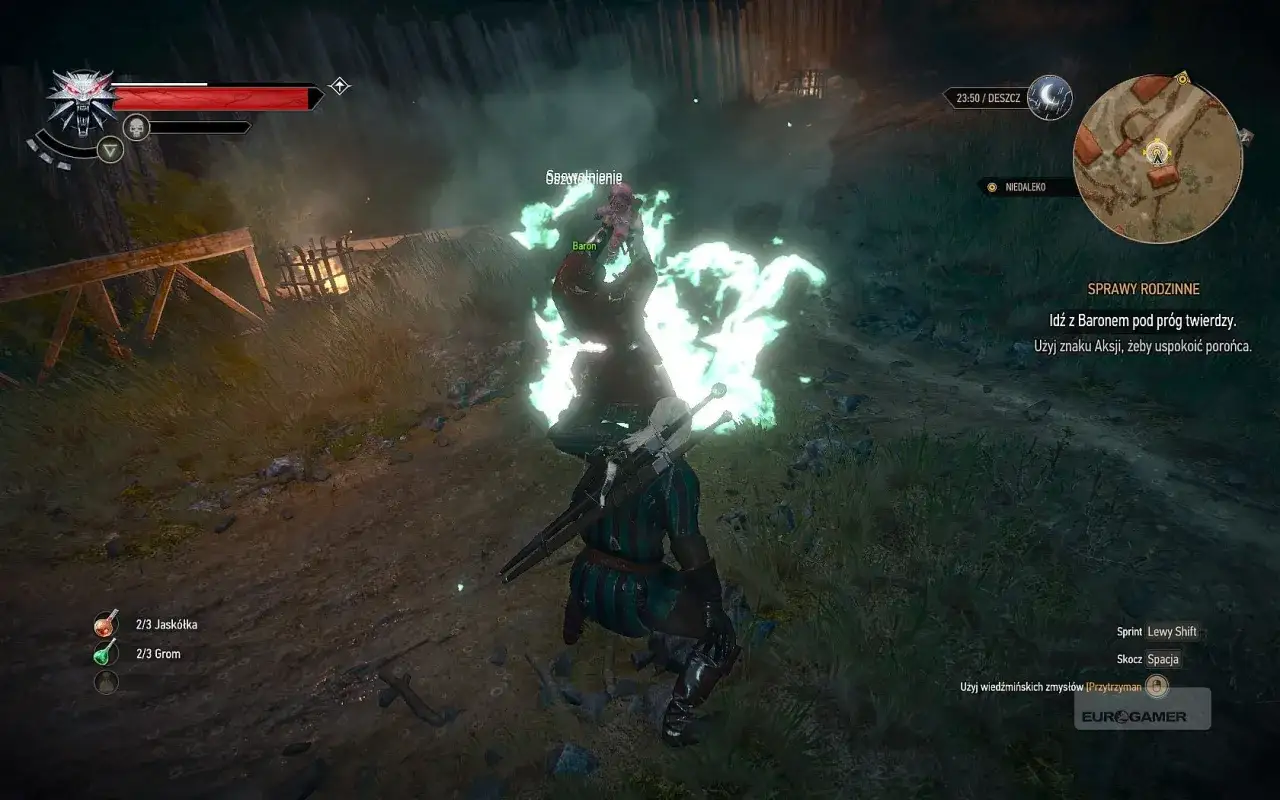 Geralt walczy z potężnym potońcem, który otoczony jest zieloną energią. W tle widać Barona.