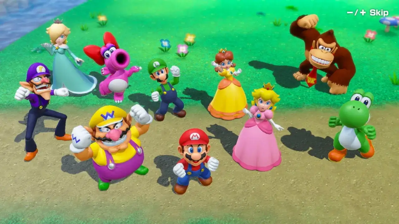 Postacie z gry Super Mario Party: Mario, Luigi, Peach, Daisy, Wario, Waluigi, Yoshi, Donkey Kong i Birdo na zielonej planszy.