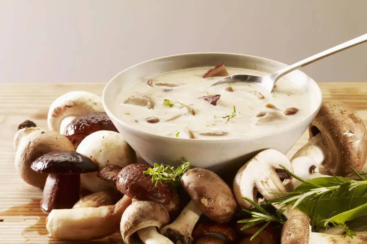 Crema de champi&ntilde;ones con portobello que es un hongo delicioso, rodeada de setas frescas y hierbas arom&aacute;ticas.