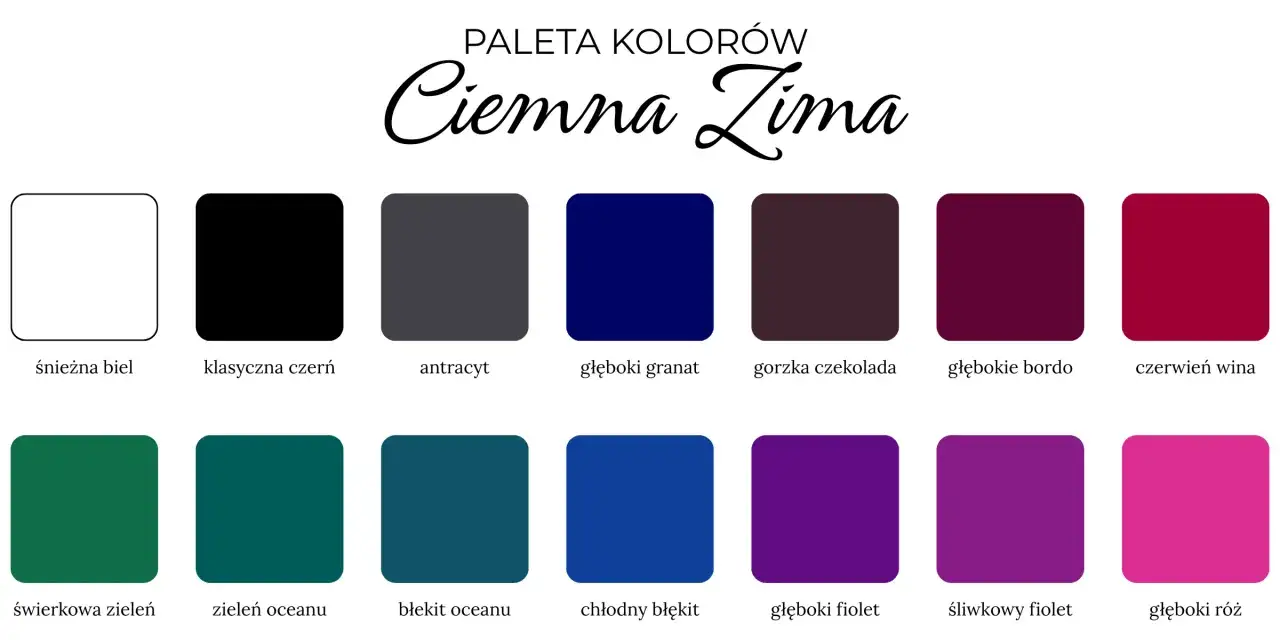 Paleta barw dla typu urody ciemna zima: głębokie odcienie czerni, granatu, bordo, zieleni, fioletu i różu.