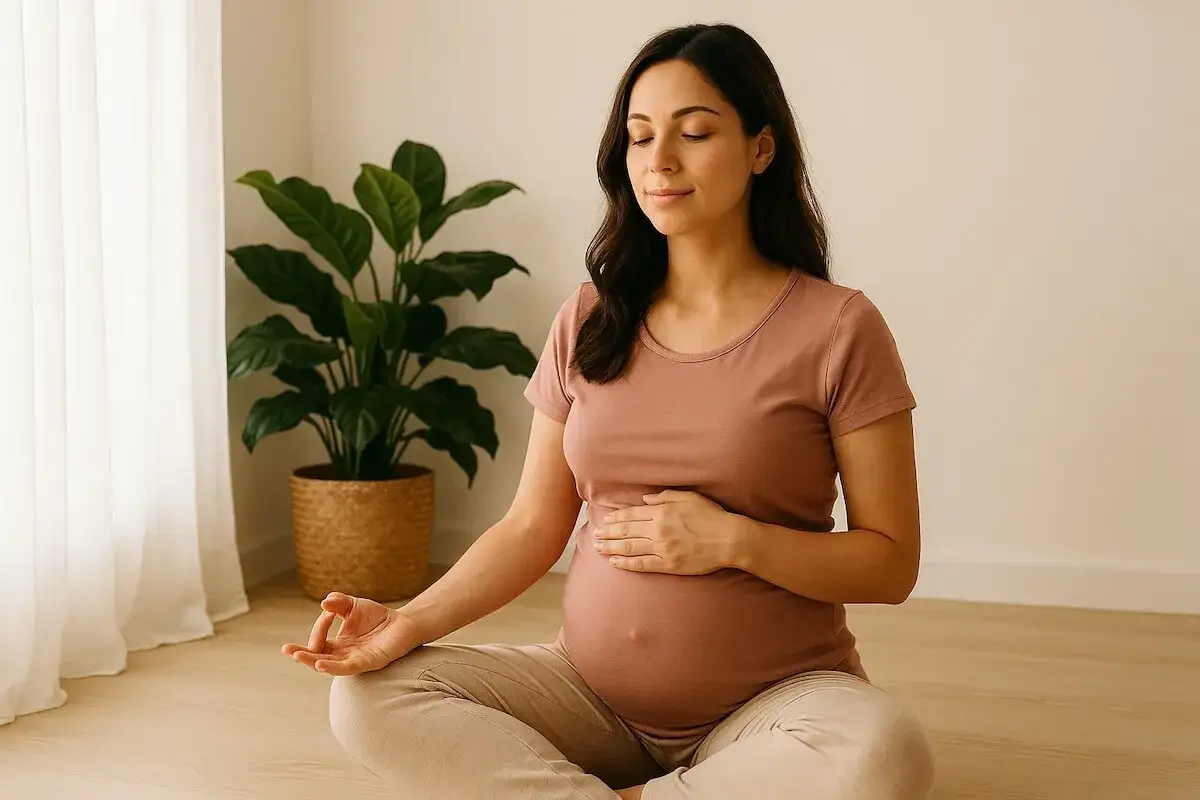 Gravid kvinna sitter i lotusställning och utövar meditation. Hon har slutna ögon och en hand på sin mage. En grön växt står i bakgrunden.