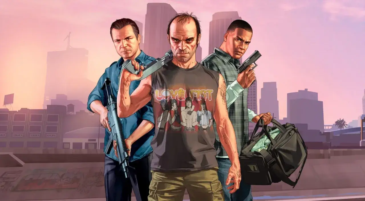 Trzej bohaterowie GTA V z bronią i torbą pieniędzy. Szukasz GTA V za darmo?
