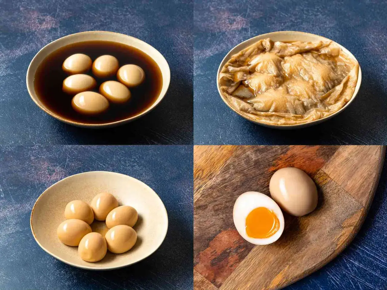Quatre images montrant des oeufs marinés japonais : dans une sauce brune, dans une autre sauce, dans une assiette, et un œuf coupé révélant un jaune coulant.