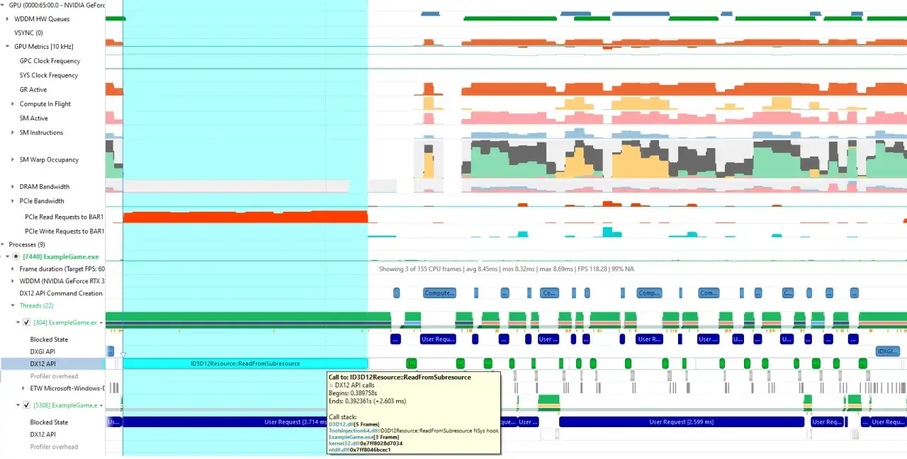 Analiza wydajności gry ExampleGame.exe z wykorzystaniem DirectX 12. Widoczne wywołania API i czas ich trwania.