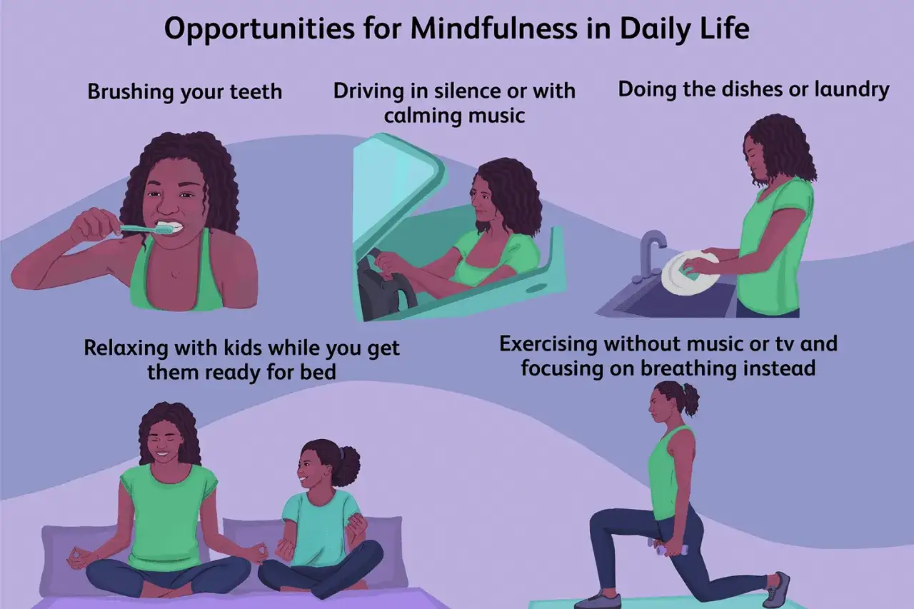 Mindfulness co to? Obraz pokazuje, jak praktykować uważność podczas codziennych czynności: mycia zębów, jazdy samochodem, zmywania, zabawy z dziećmi i ćwiczeń.