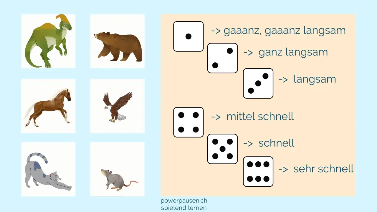 Tierbilder und Würfel zeigen, wie man bei ADHS-Spielen langsam oder schnell agieren kann.