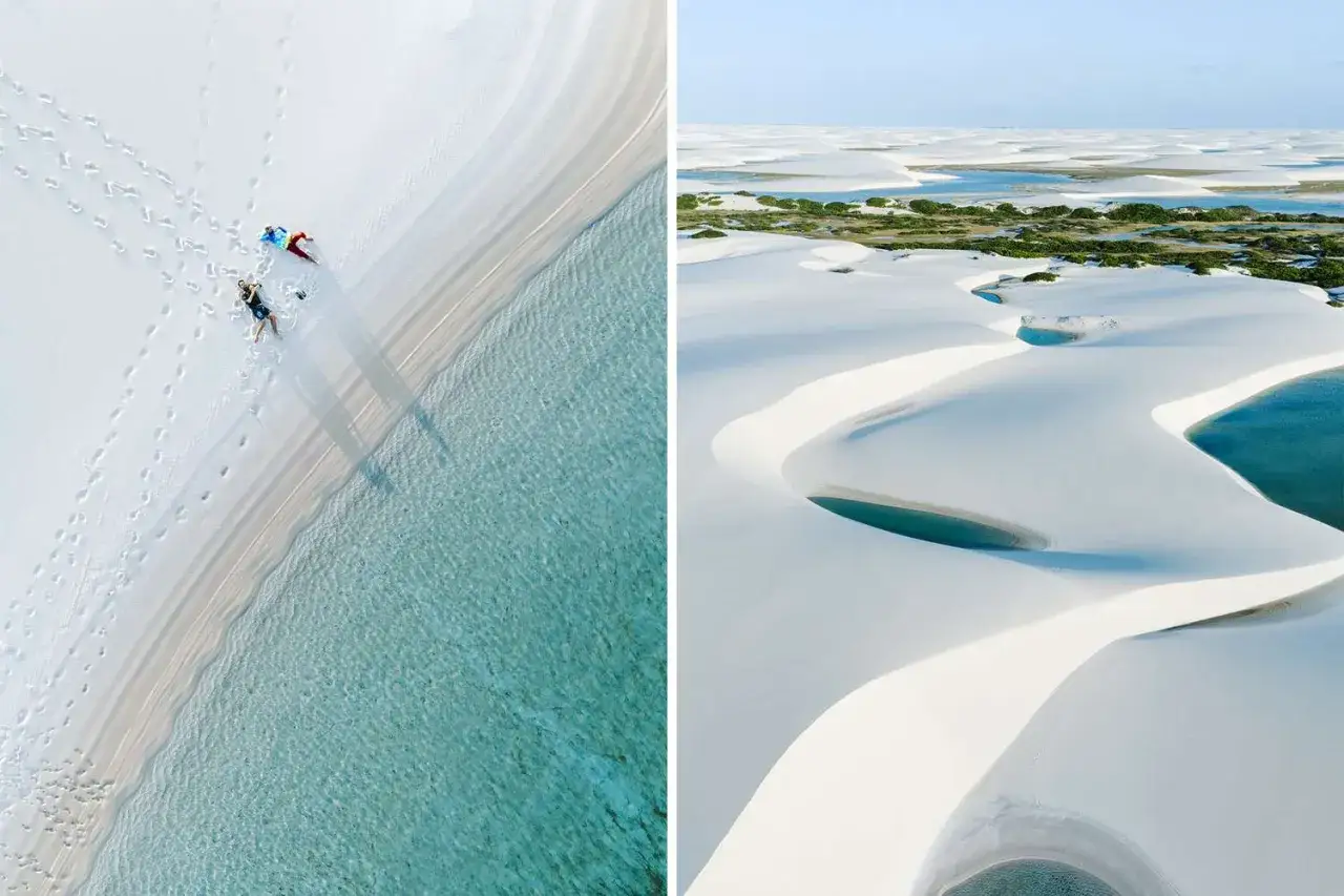 Zwei Szenen der Lençóis Maranhenses: Menschen am Strand und endlose Dünen mit Süßwasserlagunen.