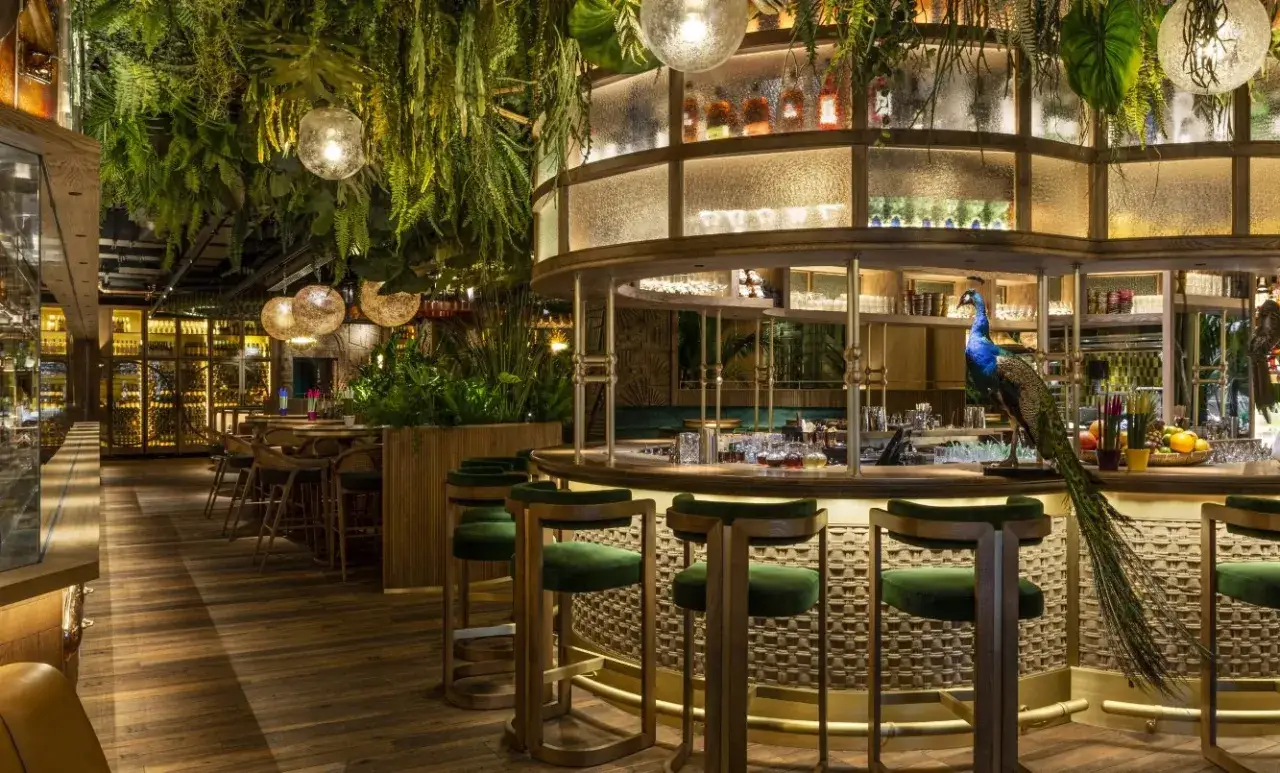 En p&aring;f&aring;gel vilar vid baren p&aring; en av Barcelonas mest unika restauranger, omgiven av frodig gr&ouml;nska och elegant inredning.