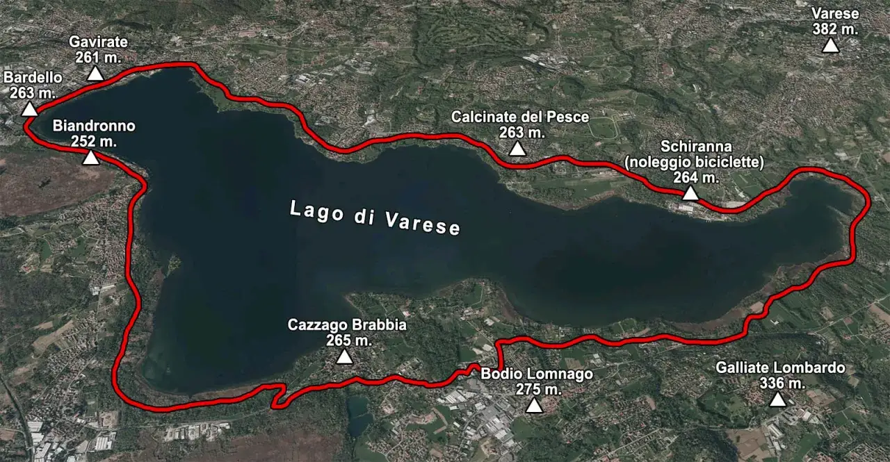 Percorso ciclabile attorno al **lago di Varese**, con indicazioni per Bardello, Gavirate, Biandronno, Calcinate del Pesce, Schiranna, Cazzago Brabbia, Bodio Lomnago e Galliate Lombardo.