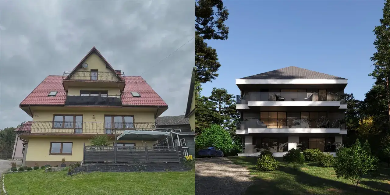 Nowoczesna dobudówka do domu 35m2 z tarasami i przeszklonymi balkonami, obok starego budynku.